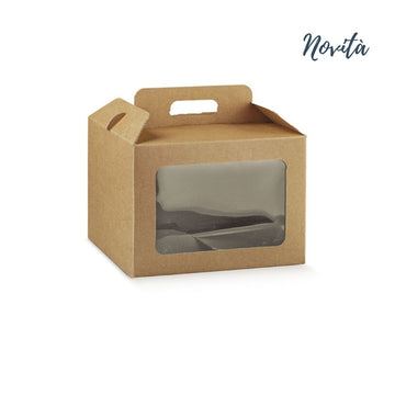 Scatola cartone con manico e finestra, color avana